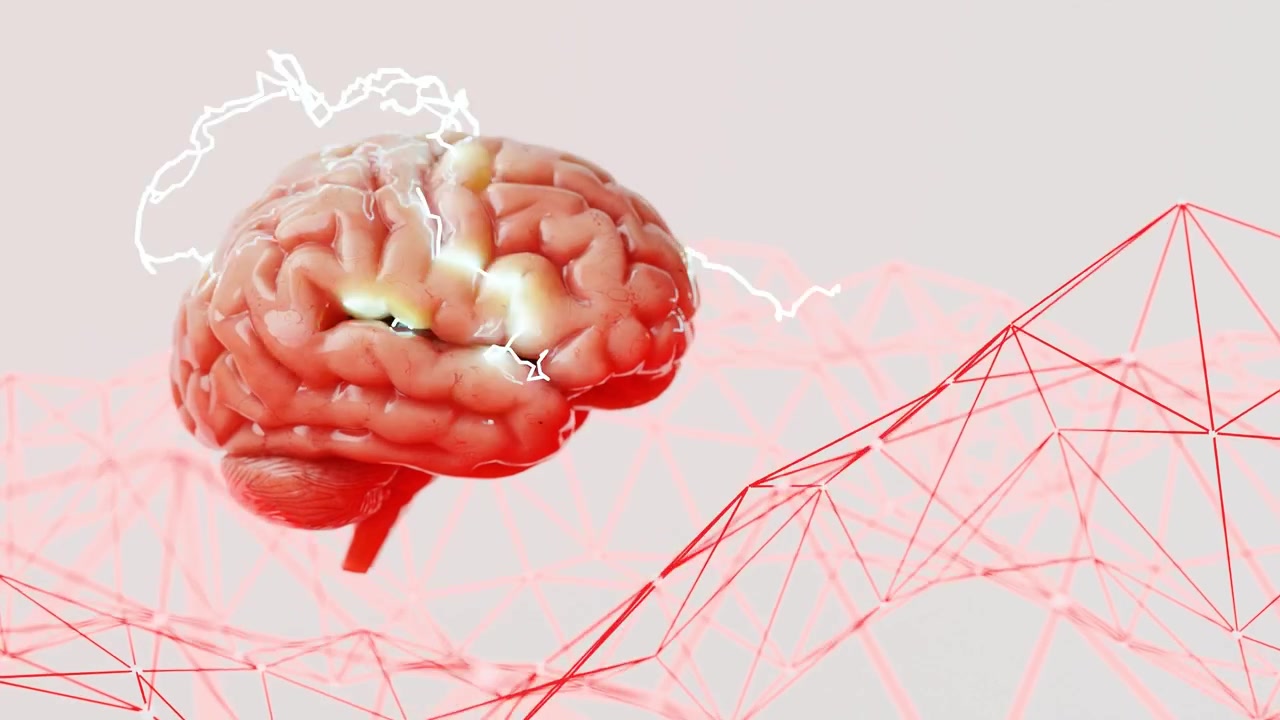 Menneskehjerne med nevrale elektriske impulser og rødt digitalt maskenett på hvit bakgrunn. 3D-gjengitt illustrasjon. Konsept for kunstig intelligens, nevrale nettverk og kognitiv vitenskap