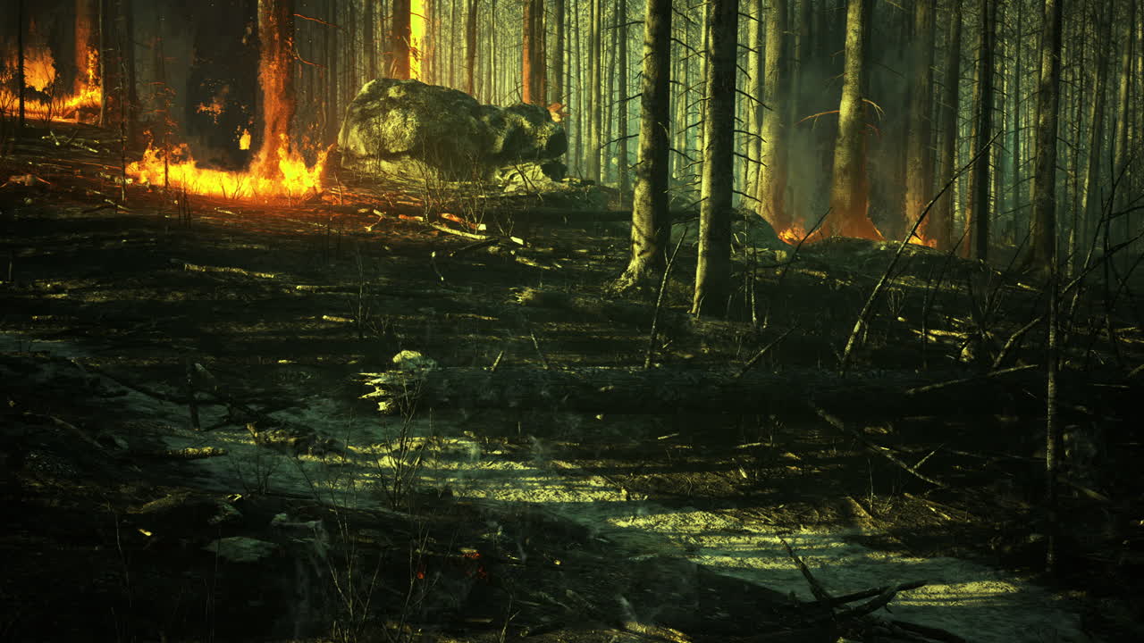 Fire ravages the landscape showcasing destruction and rebirth