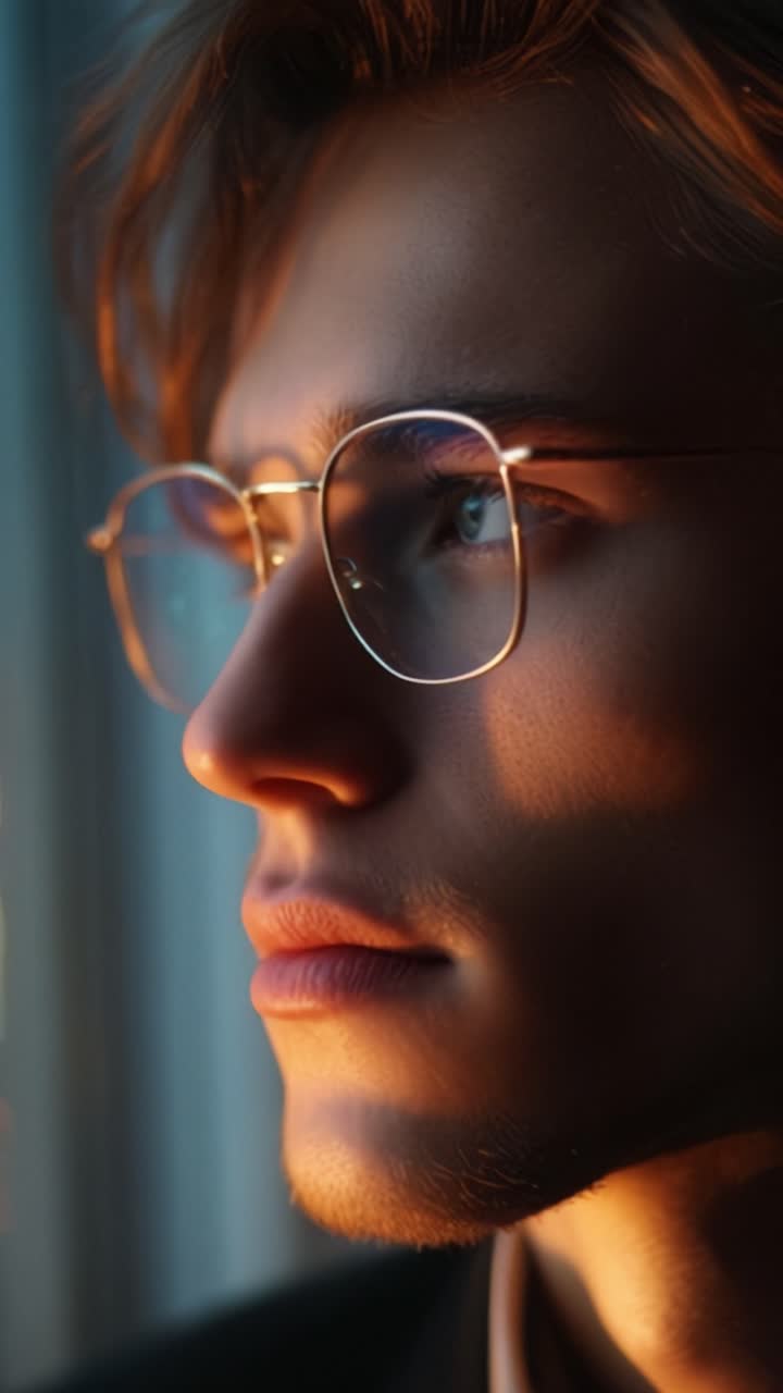 Un ritratto ravvicinato di un giovane con occhiali alla moda, che cattura un'espressione serena illuminata da una luce soffusa in un momento contemplativo, evidenziando il suo sguardo pensieroso.