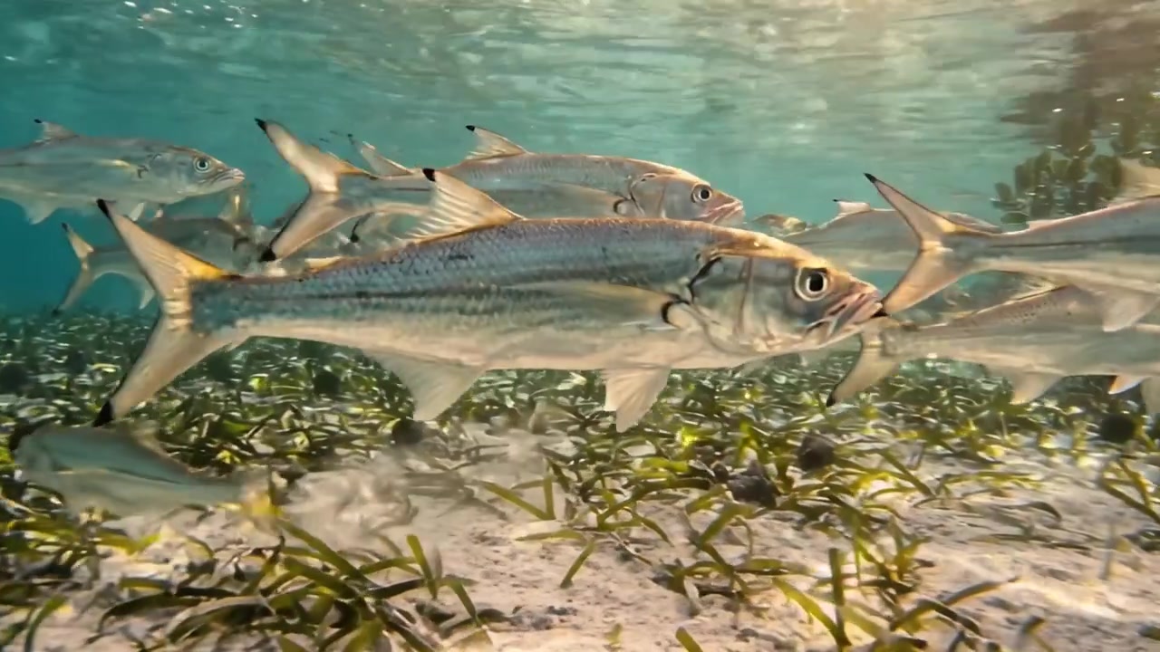 Undersøisk scene med fisk, der svømmer blandt havgræs: Et glimt ind i livet i havet, fyldt med bevægelse, farver og naturlig skønhed i deres habitat
