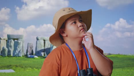 asian boy with a hat and binoculars thinking about something and looking around while traveling in stonehenge. boy researcher, travel tourism adventure concept, close up
