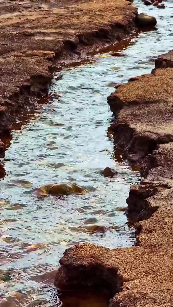 Ripresa verticale in scorrimento lungo un ruscello poco profondo che scorre tra sponde sabbiose rossastre con piccoli ciottoli e rocce in acqua limpida in Lettonia.