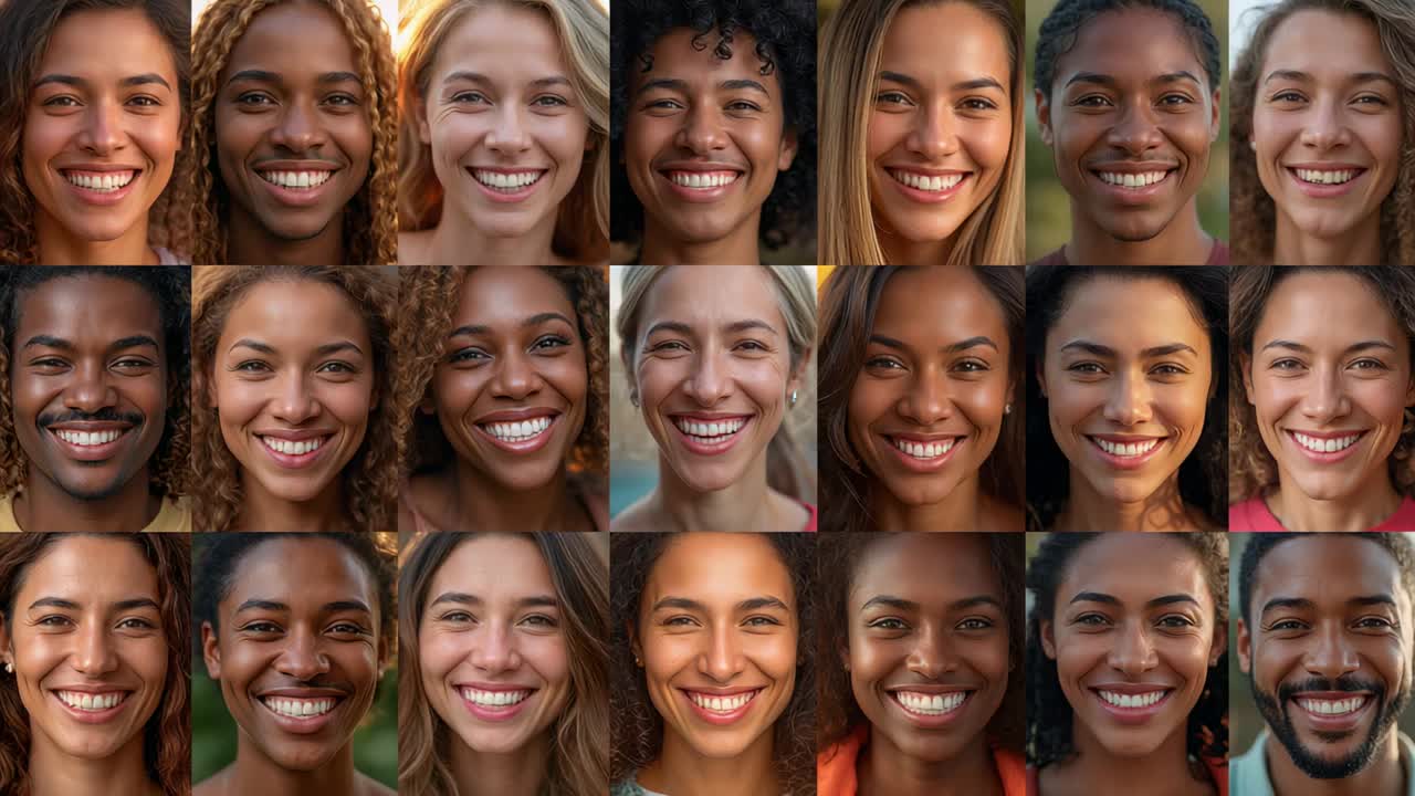 Starting montage showing portrait grid shifting tones and smiles revealing shifts across frame