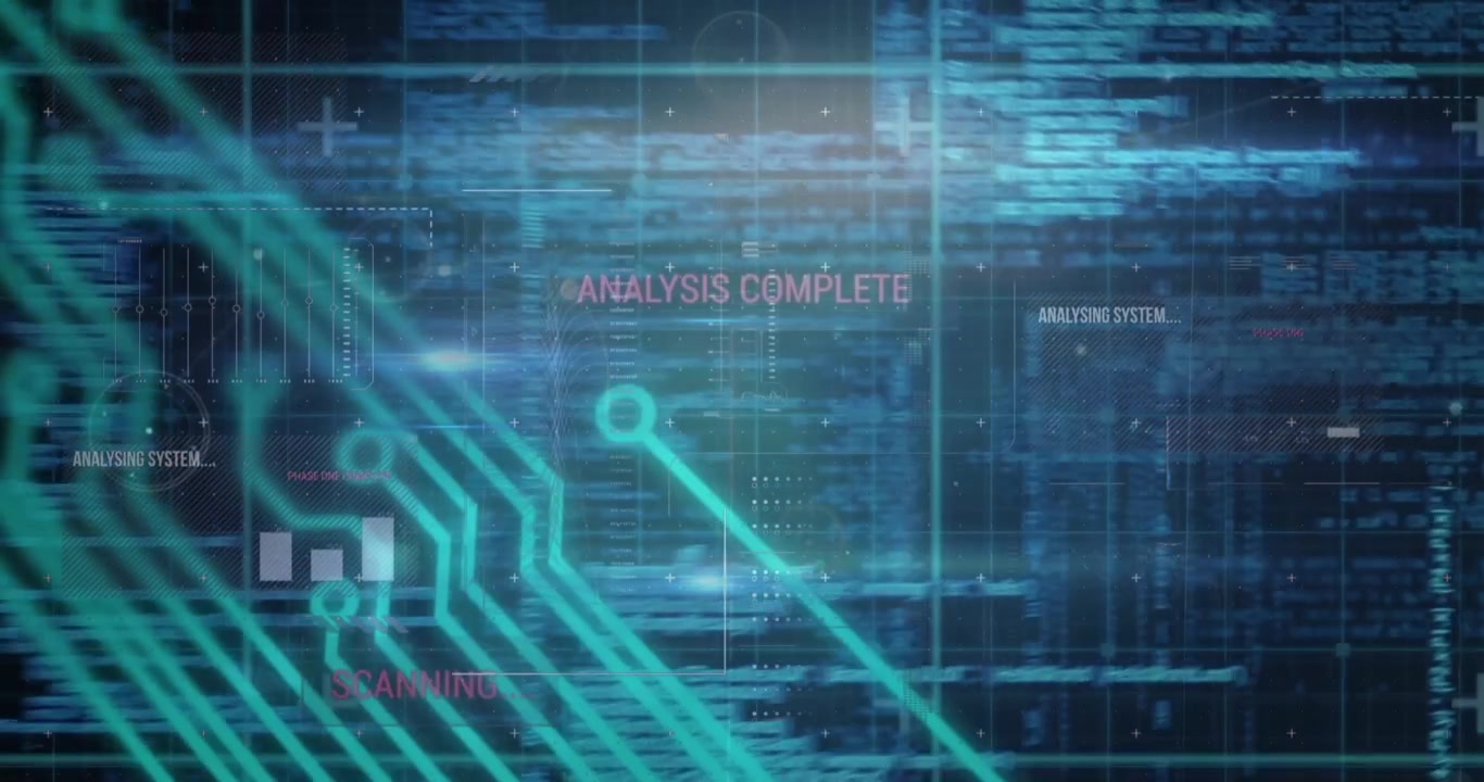 Animation of multiple words, programming language and circuit board pattern over abstract background
