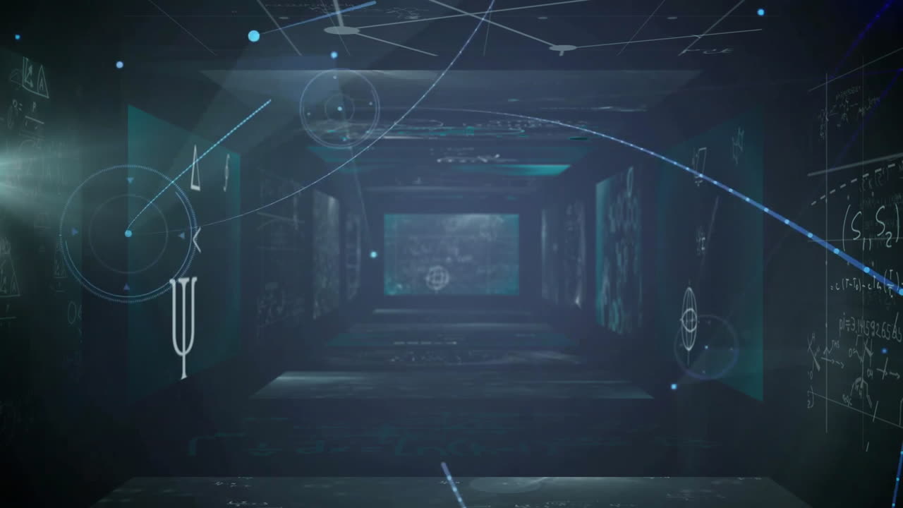 Animation of mathematical symbols and equations floating in futuristic digital corridor