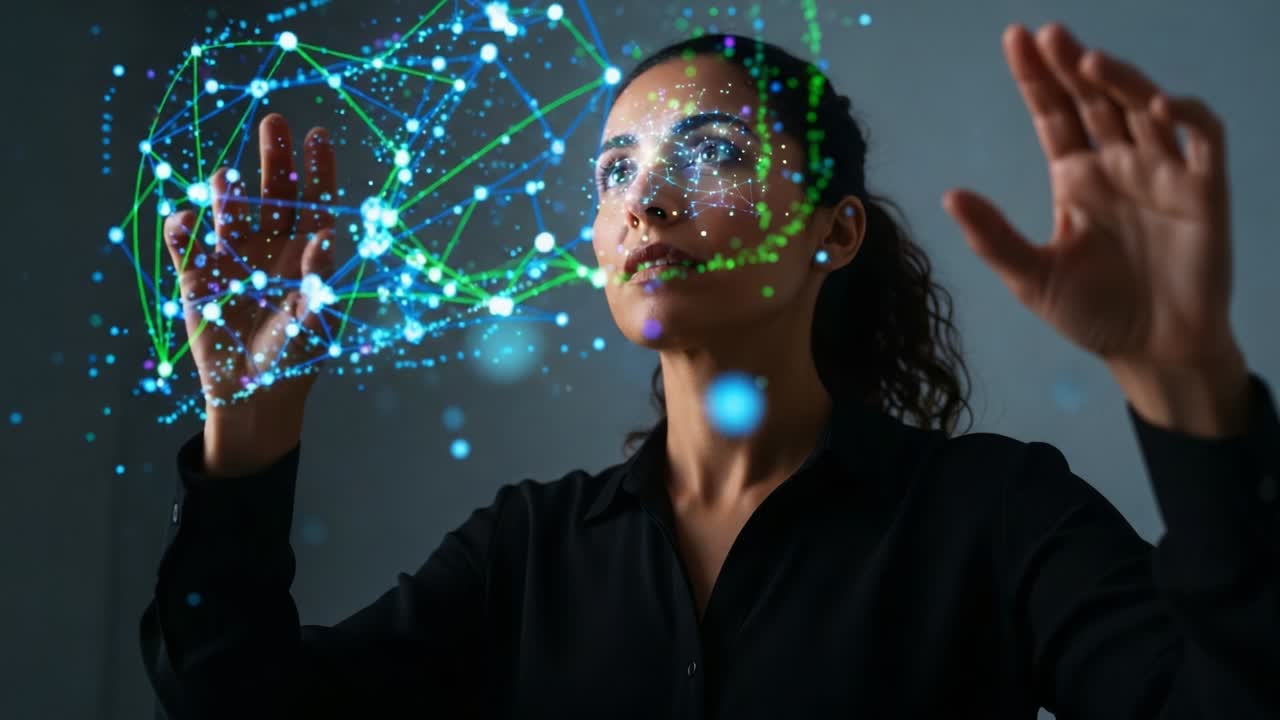 A woman interacts with advanced holographic technology, manipulating intricate digital data visualizations with her hands, showcasing her skill in navigating virtual environmental simulations