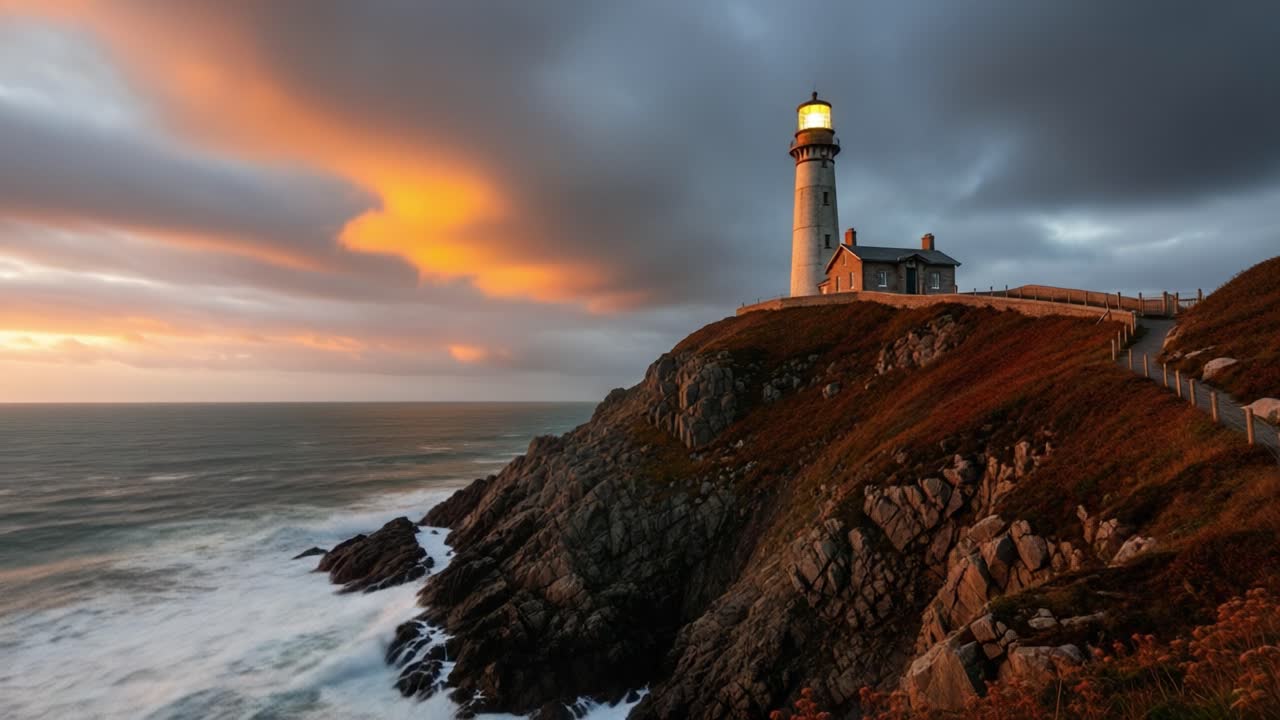A Majestic Lighthouse Illuminating the Stormy Seascape at Sunset, Standing Tall on Rocky Cliffs Amidst Captivating Clouds and Ocean Waves
