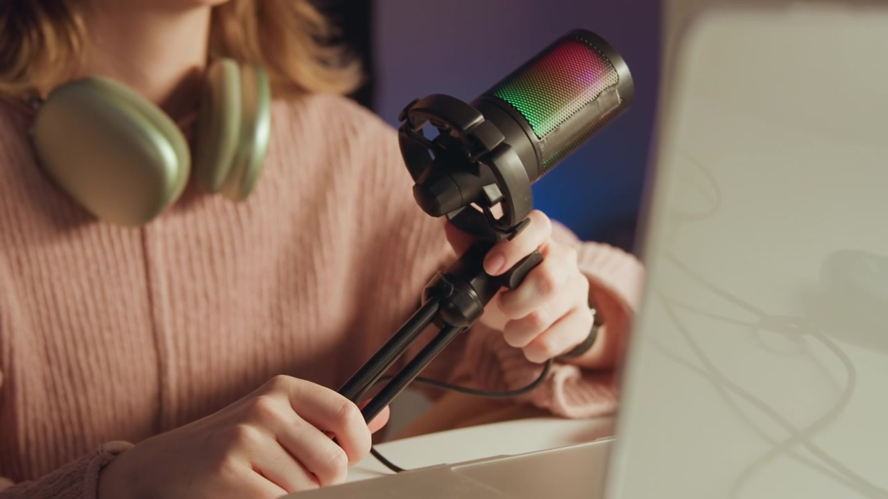 Close-up of person tightening and positioning RGB-lit condenser microphone on small desktop tripod next to computer monitor, fingers rotating mount knob while braided cable rests nearby