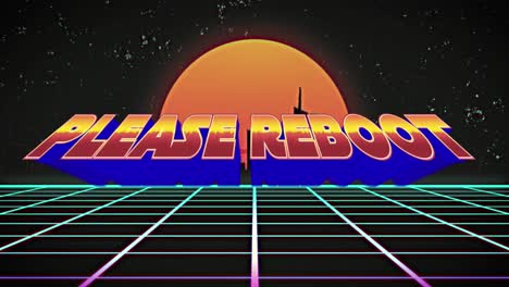 animation of please reboot text over a grid and digital sunset