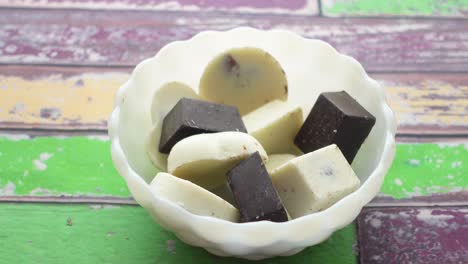 dark chocolate on a plate on table close up