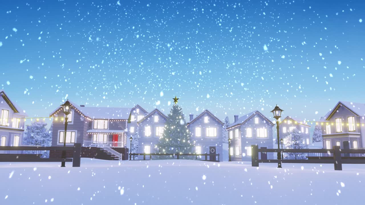 집 과 겨울 풍경 을 가진 크리스마스 나무 위 에 내리는 눈 의 애니메이션