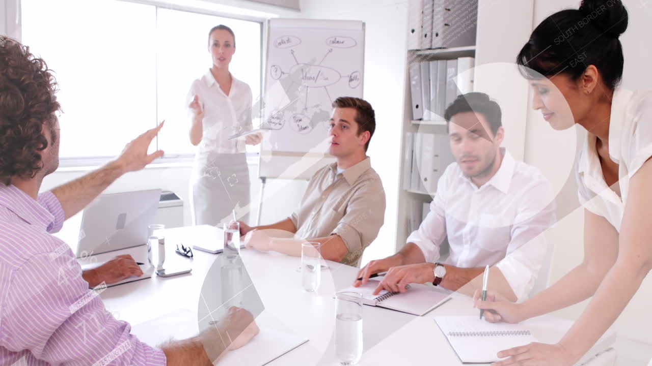 통계 데이터 처리에 대한 애니메이션 백인 사업가 여성이 사무실에서 프레젠테이션을합니다.