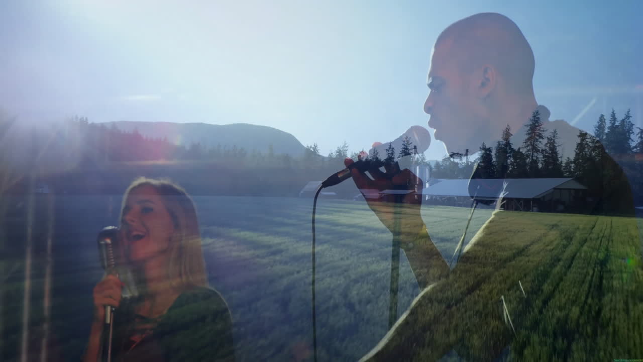 bandmates performing on rural farm landscape, overlaying music industry icons, animated microphones