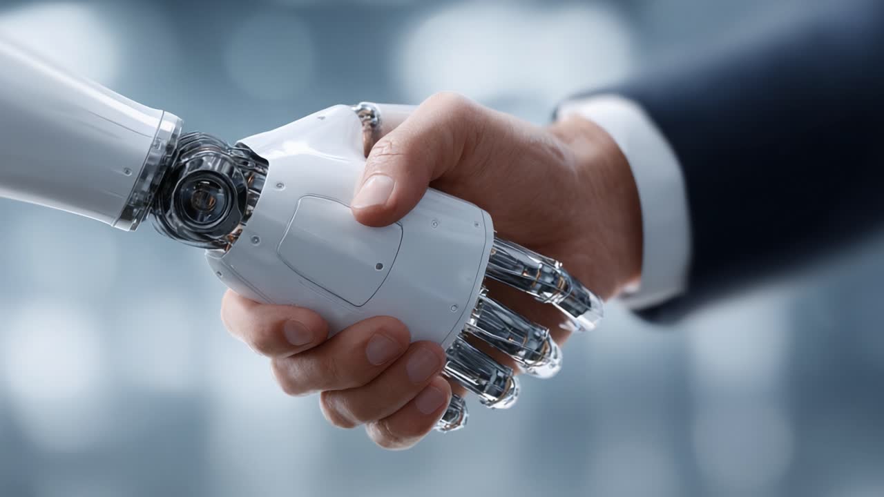 A Seamless Connection: Human and Robot Handshake Symbolizing Unity in Technology and Humanity's Future Collaborations