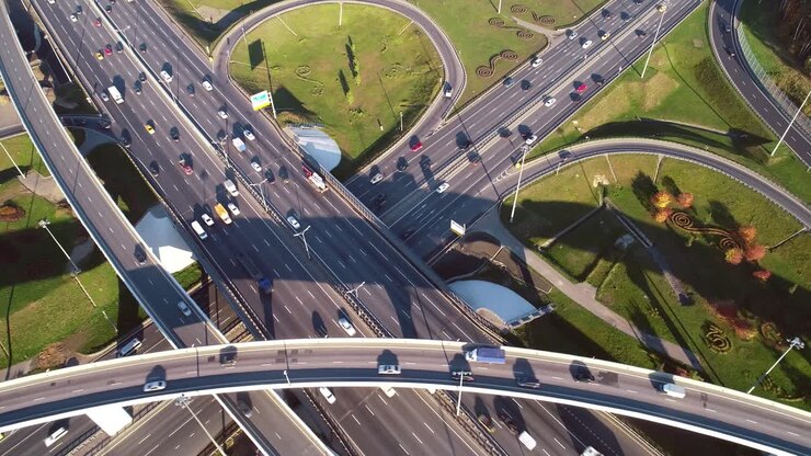 Aerial view of a freeway intersection traffic trails in Moscow.