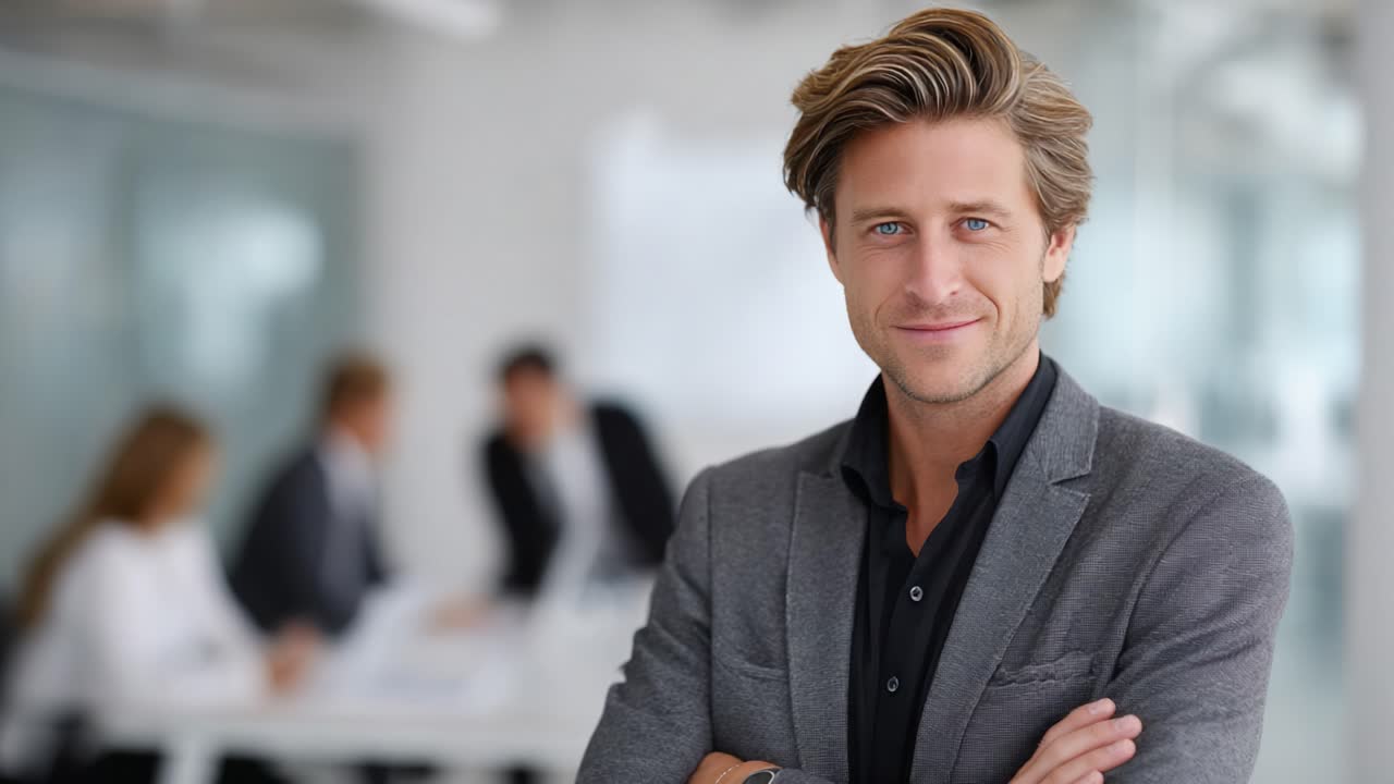 Confident Professional in a Modern Office Setting Engaging with Colleagues in the Background, Emphasizing Collaboration and Teamwork in a Corporate Environment
