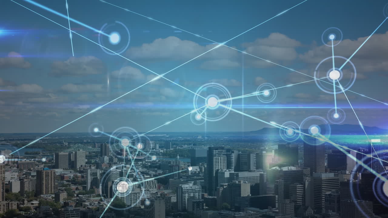 animación de la red de conexiones sobre el paisaje urbano