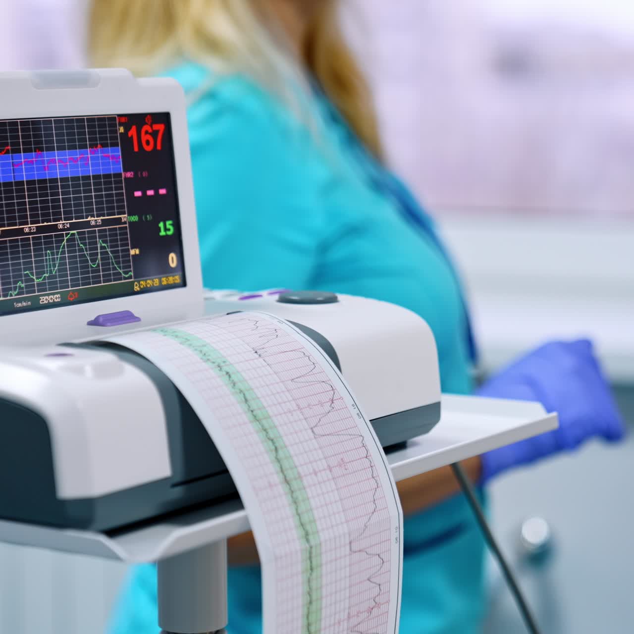 Cardiotocography device recording the fetal heart rate well-being. Female nurse wearing blue uniform standing at backdrop in blur