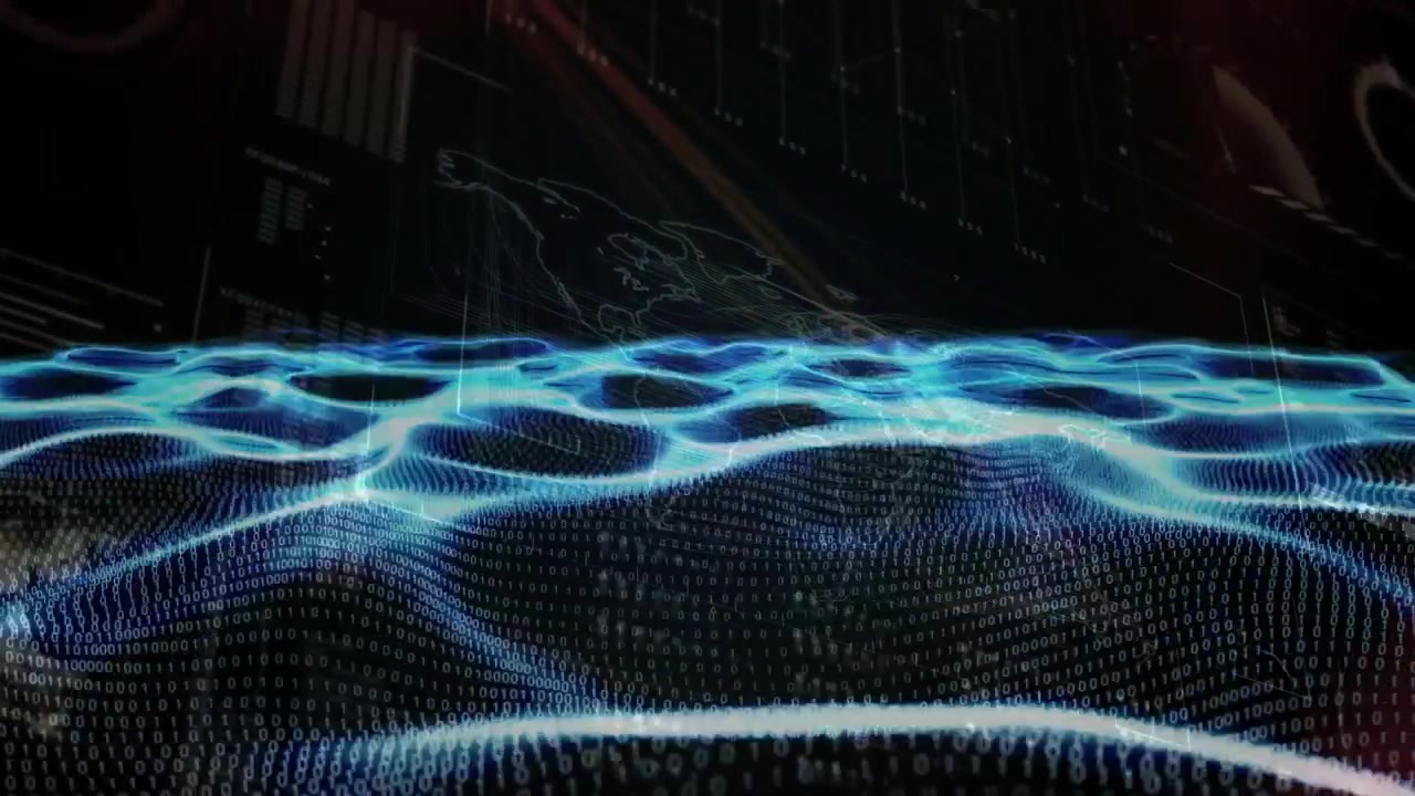 Starting with binary grid blue waveform undulating as HUD elements flickering visualizing data flow