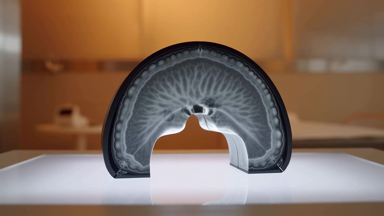 Un modello semicircolare traslucido è centrato su un tavolo bianco, delicatamente retroilluminato con un bordo luminoso. La scena mostra uno sfondo interno pulito con una profondità di campo ridotta