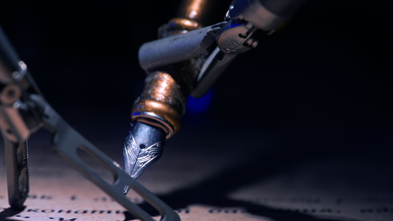Tiny forceps of robotic arm hold the old-fashioned writing pen. Close up. Da Vinci performs writing in dark surgical room.