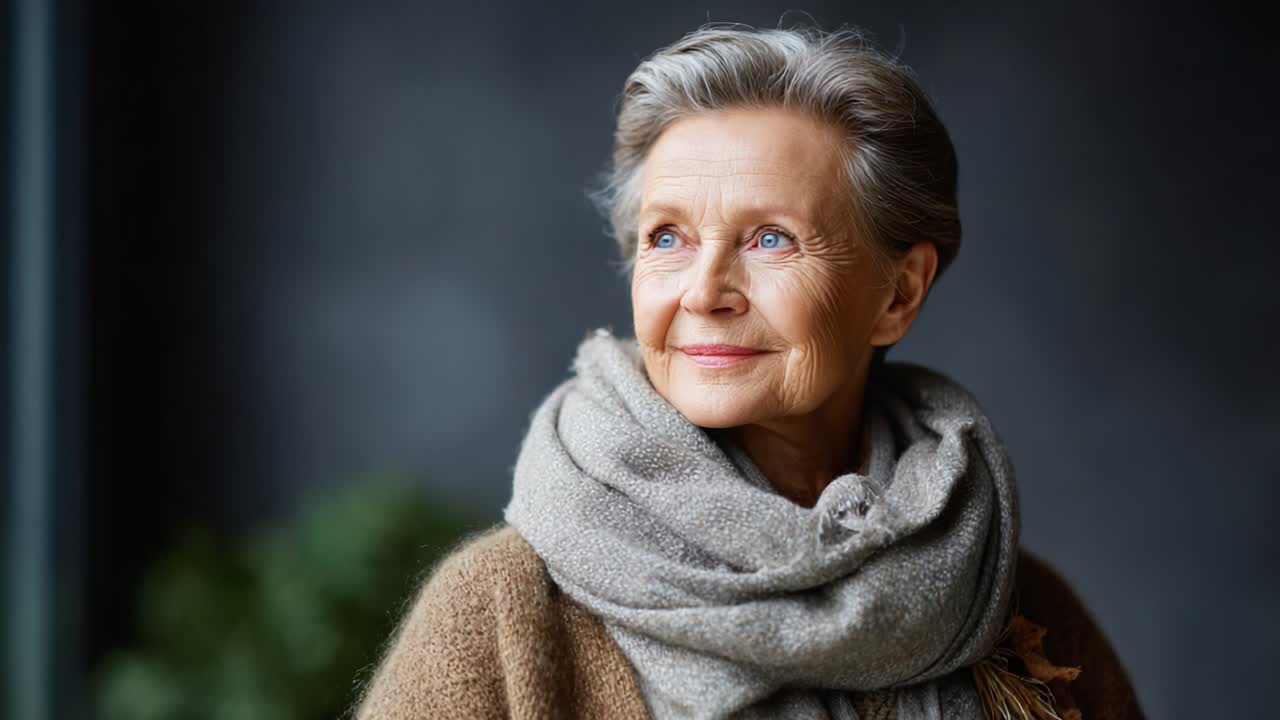 A Serene Moment: An Elderly Woman in Thoughtful Reflection, Exuding Grace and Warmth in a Cozy Atmosphere with a Soft Scarf and a Gentle Smile