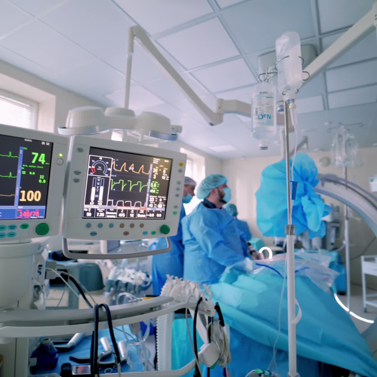 The doctor with the artificial life support medical equipment. Hospital, surgical operating room. Life saving. Ventilation of the lungs with oxygen.