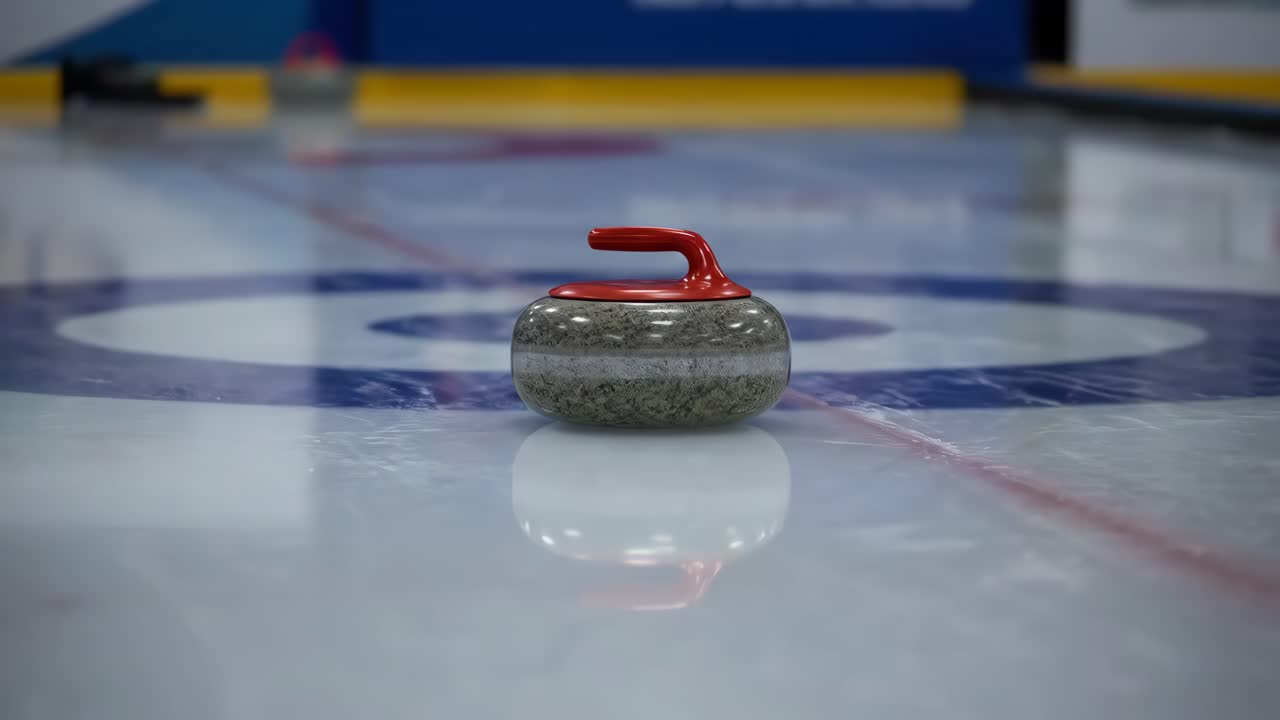 Lähikuva curling-kivestä jääkentällä