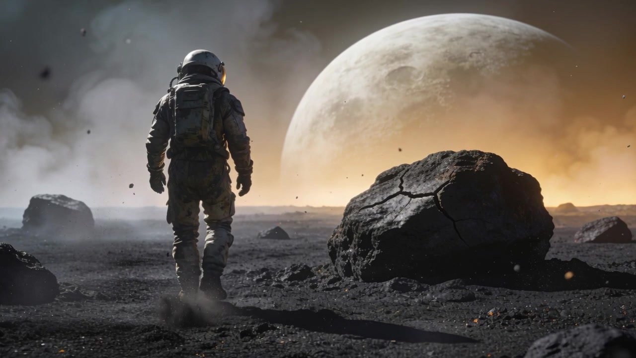 Astronaut i rumdragt tager første skridt, udforsker en stenet slette mod en orange måne og sparker støv op.