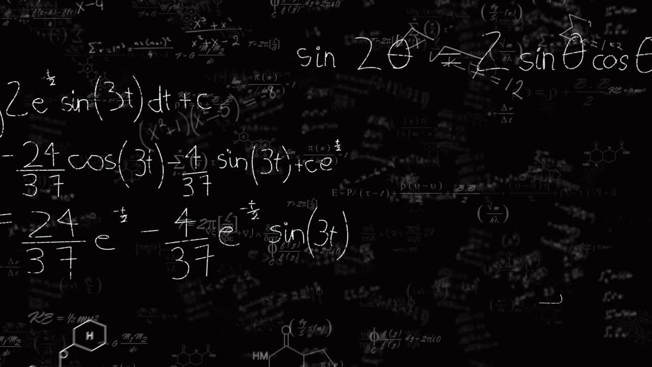 animación de ecuaciones matemáticas, diagramas y fórmulas flotando contra un fondo negro