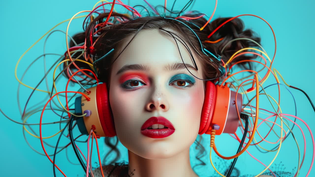 fotos femeninas con auriculares de música y cables generados con ai