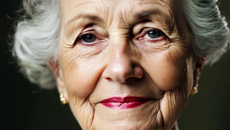 close up portrait of an elderly woman with grey hair and red lipstick