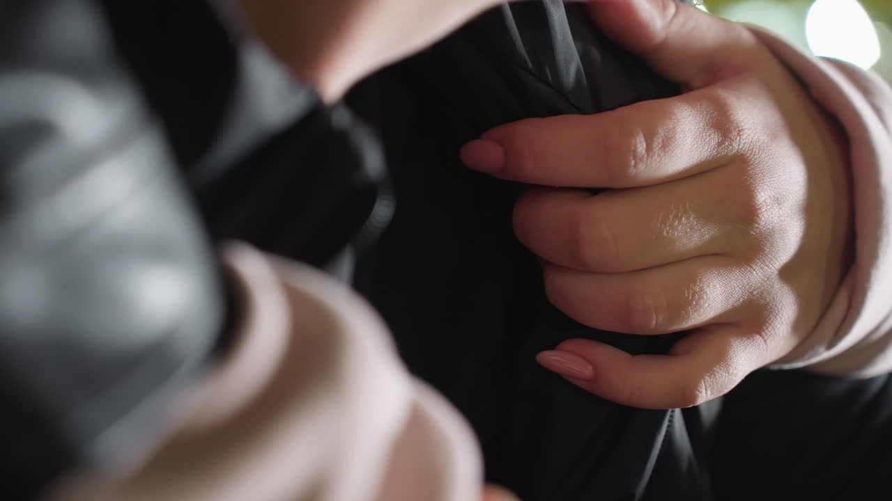 Close up of lady with neatly polished nails holding man gently from behind, conveying warmth and affection as soft background lights glow