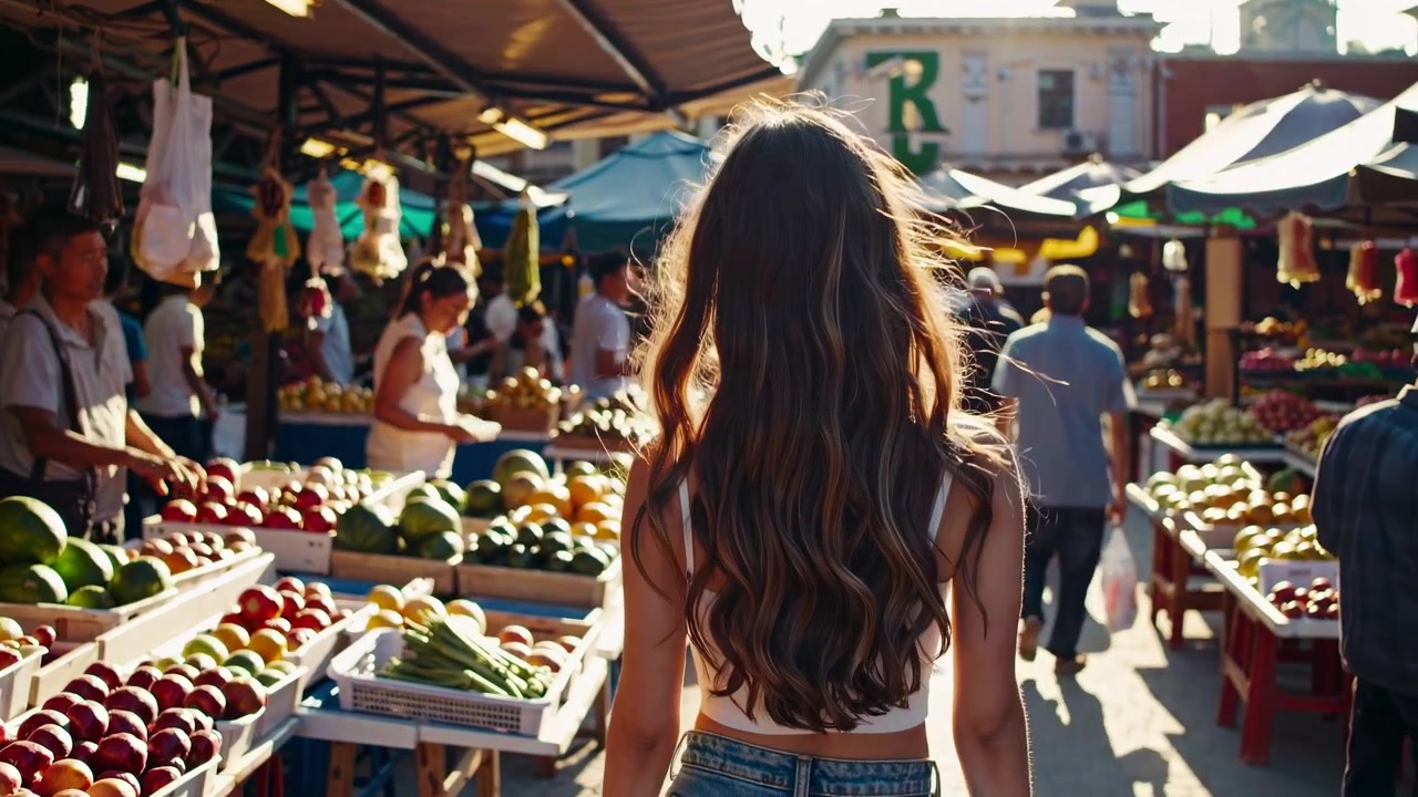 Giovane donna che cammina attraverso un vivace mercato della frutta all'aperto