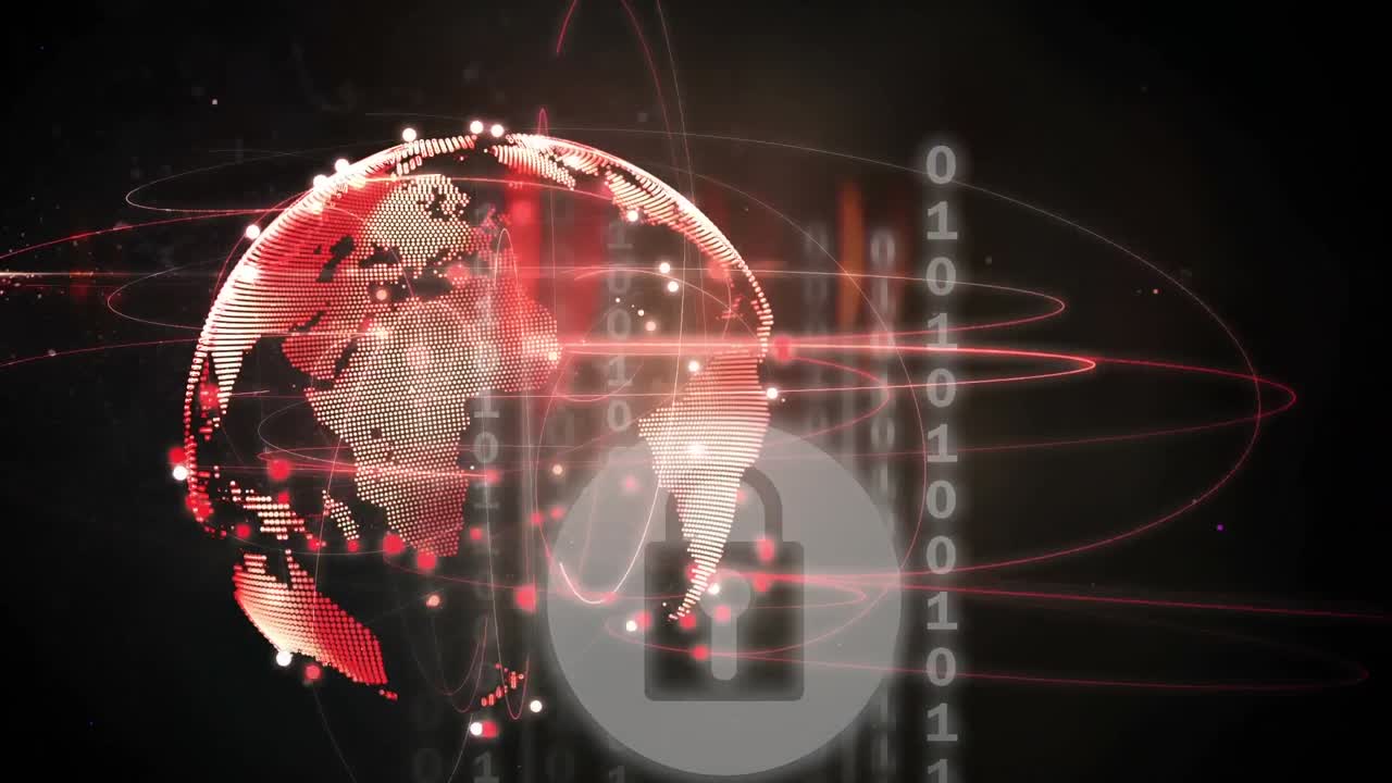animación digital del icono del candado de seguridad sobre rastros de luz sobre el globo giratorio sobre fondo negro