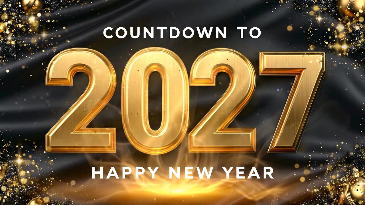 Grafica conto alla rovescia Capodanno 2027 dorata su sfondo di seta nera