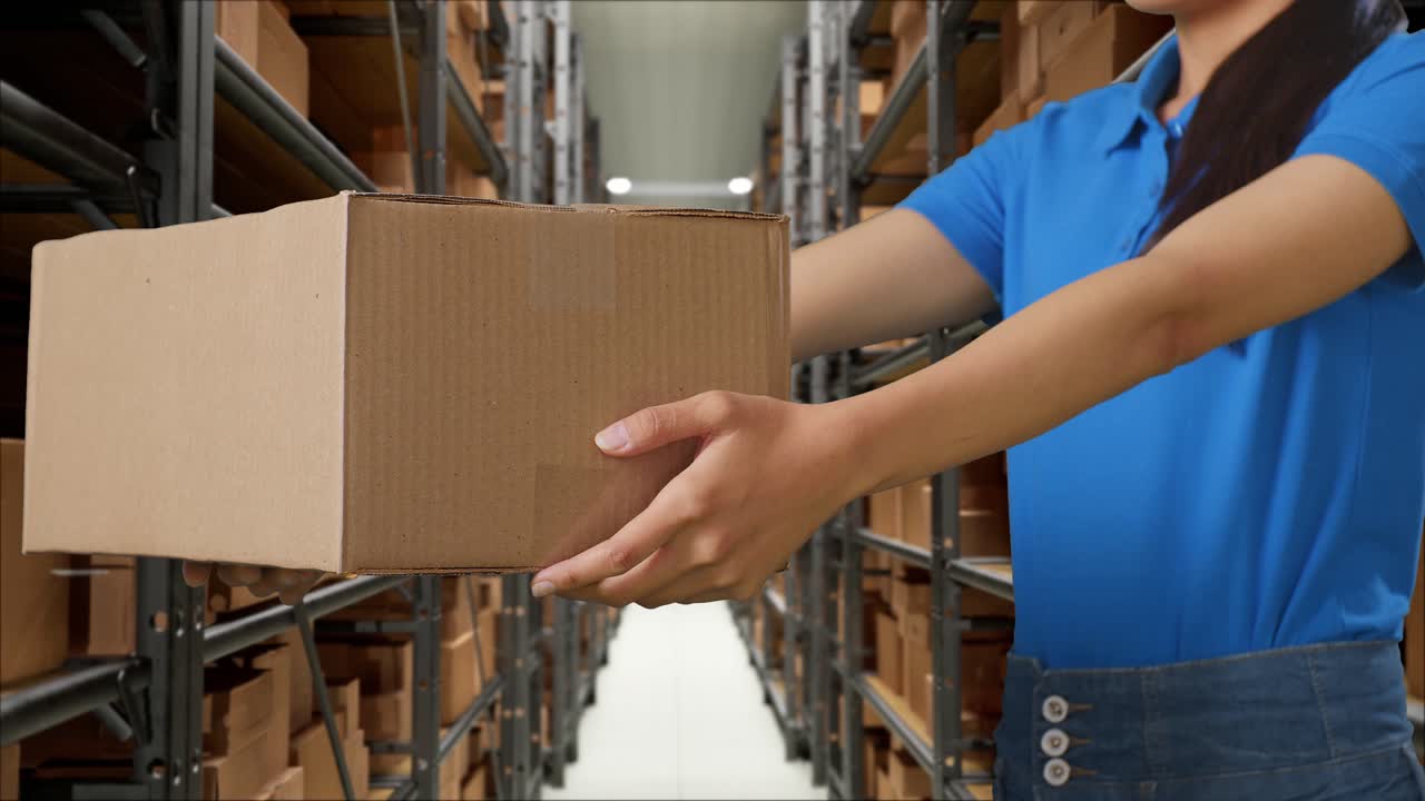 primer plano de una mensajera femenina en uniforme azul dando un cartón a alguien mientras lo entrega en el almacén