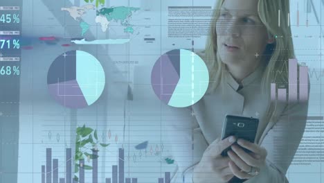 animación de estadísticas y procesamiento de datos sobre mujeres que usan teléfonos inteligentes