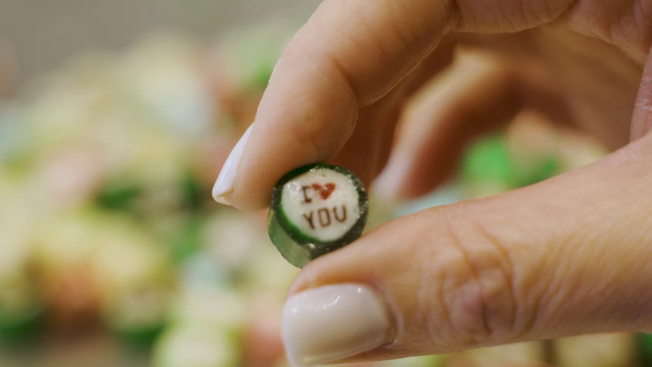 mano della donna che tiene caramelle al caramello con ti amo su di esso