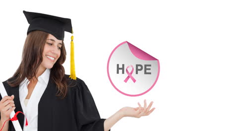 animación del logotipo de cinta rosa con texto de esperanza sobre una estudiante sonriente
