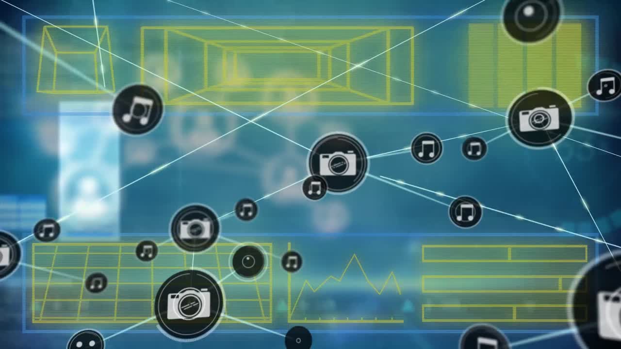파란색 배경에 추상적인 기하학적 모양 위에 디지털 아이콘 네트워크의 애니메이션