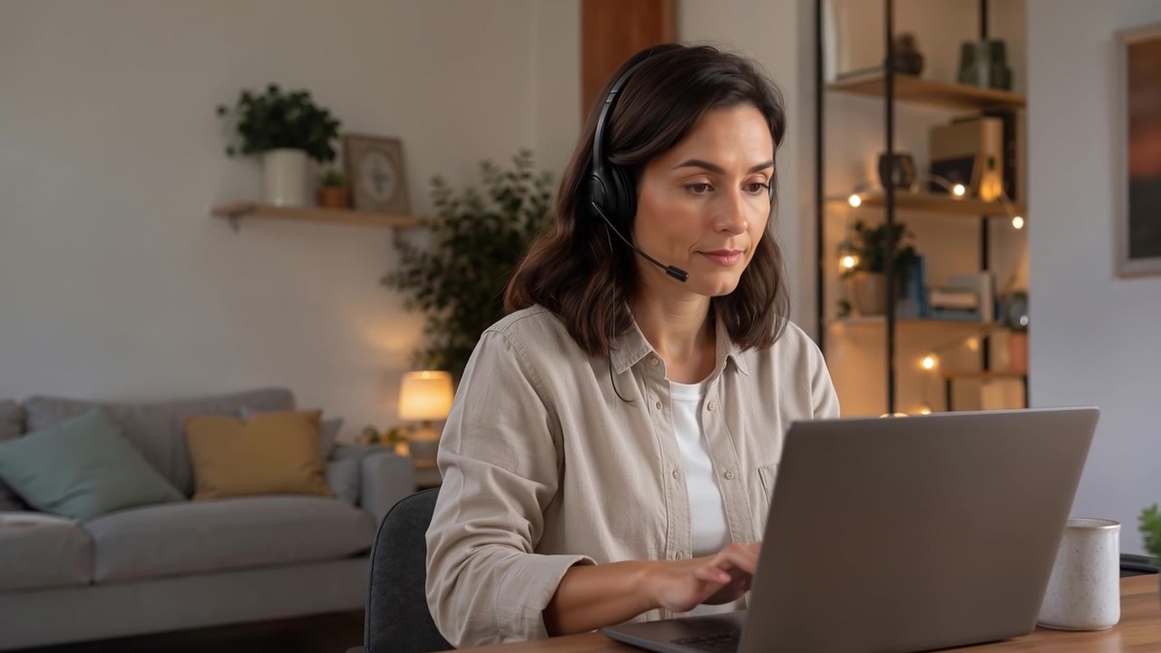 Young female customer support agent wearing headset working on laptop from home office