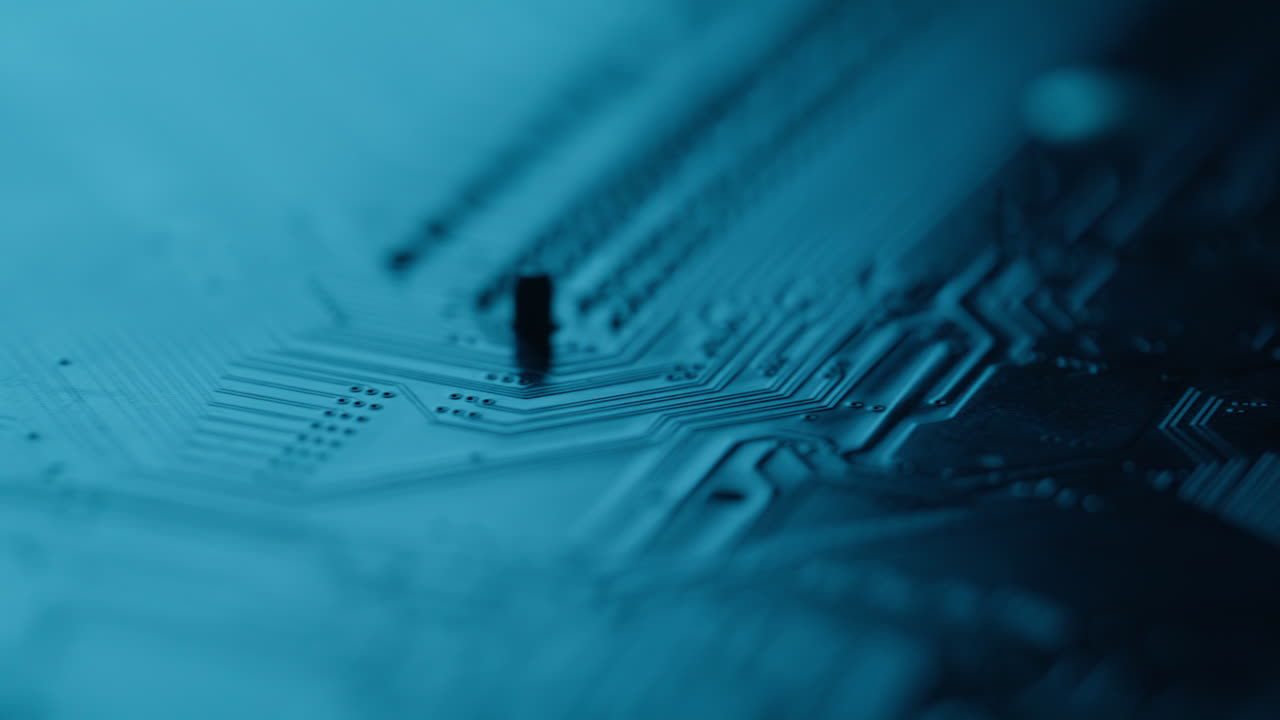 Closeup circuit processing signals on digital motherboard. Electronic board