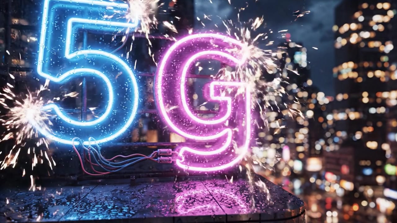 Insegna al neon 5G illuminata su uno sfondo urbano vibrante: una vista mozzafiato che cattura la tecnologia moderna e la vita notturna urbana.