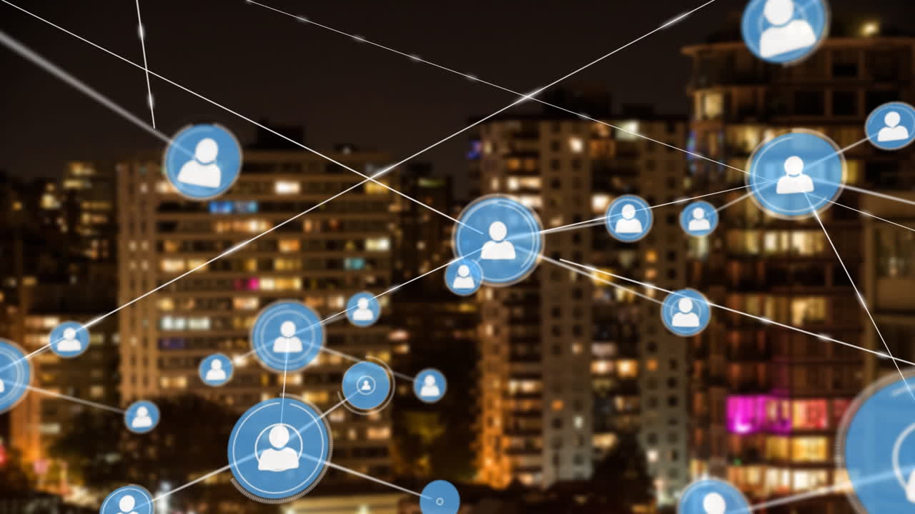 도시 풍경 위의 사람 아이콘과의 연결 네트워크의 애니메이션