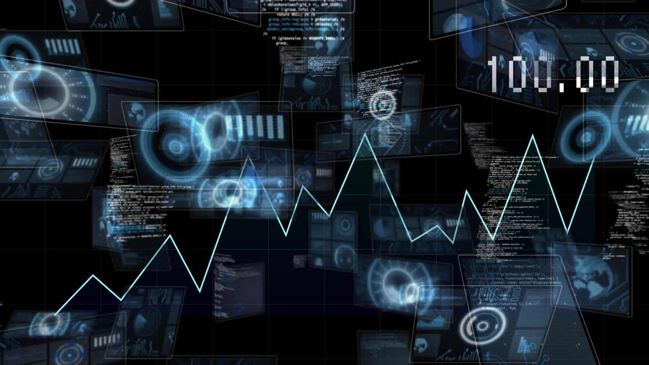 animación de gráficos con números cambiantes sobre círculos, gráficos, globos contra el lenguaje informático