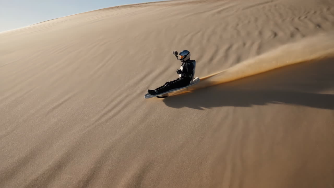 Person Sandboarding Down a Large Sand Dune