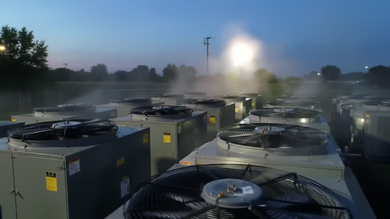 Outdoor Cooling Units at Night with Fogging