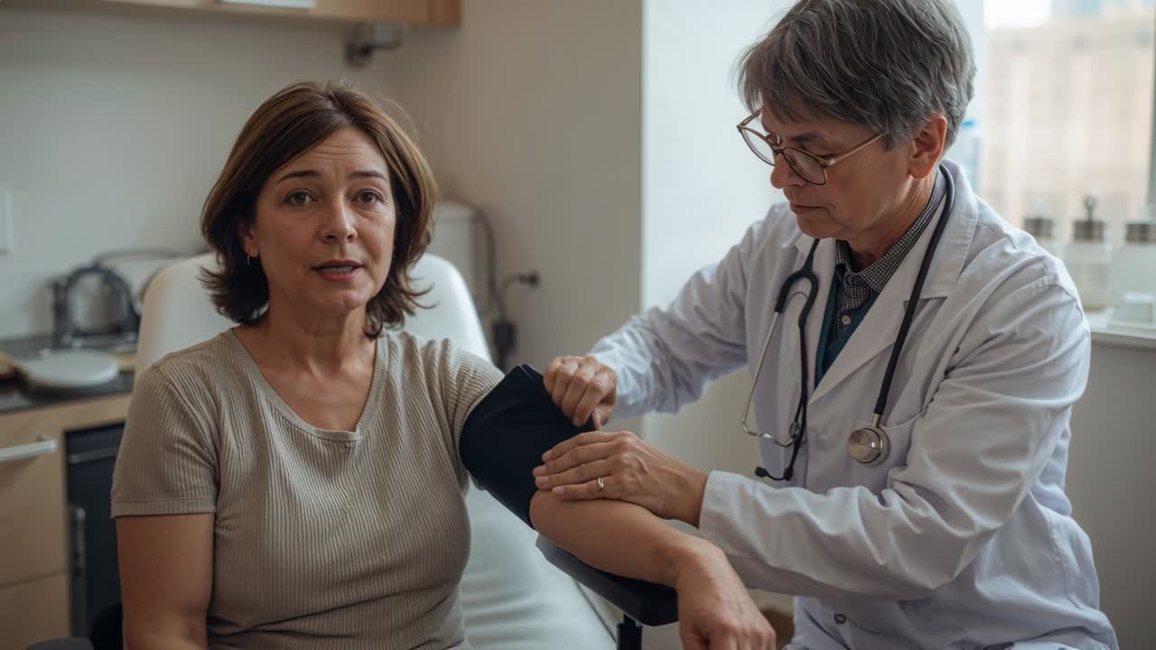 Un clinico in camice bianco inizia a posizionare il bracciale sul braccio sinistro del paziente per misurare la pressione sanguigna in clinica.