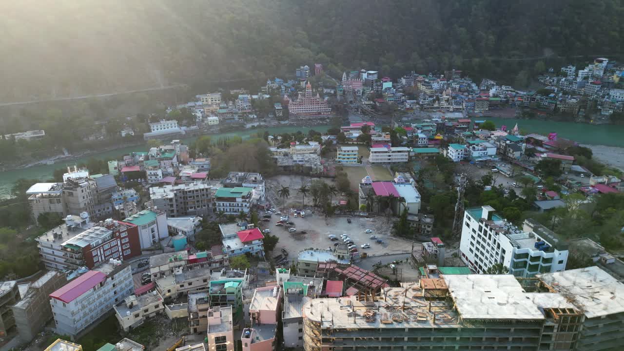 beautiful morning Rishikesh drone moving left to right view in india